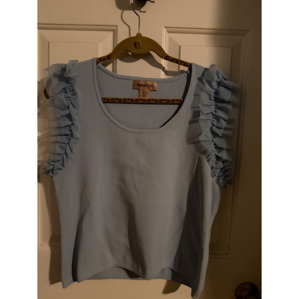 Bailey 44 Womens Light Blue Ruffle Shoulder Ribbed Knit Sleeveless Top XL